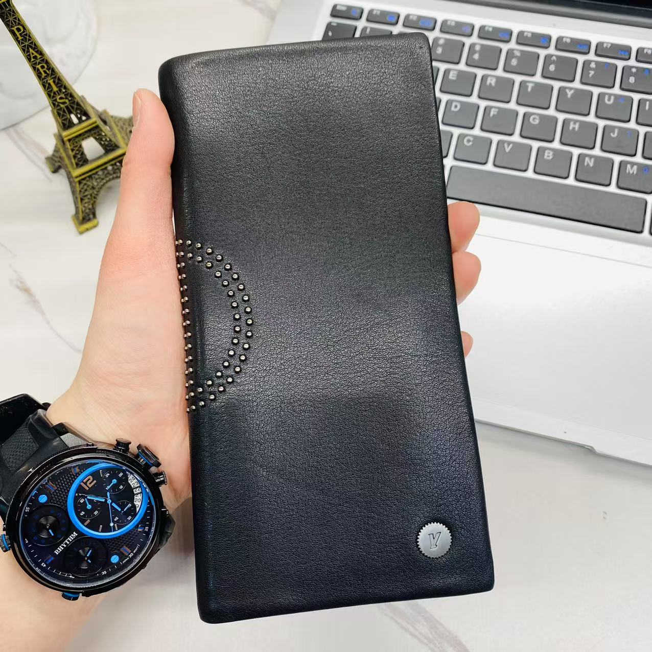 蒙娜丽莎牛皮男士钱包长款钱夹皮夹商务休闲时尚压花黑色大钞夹竖