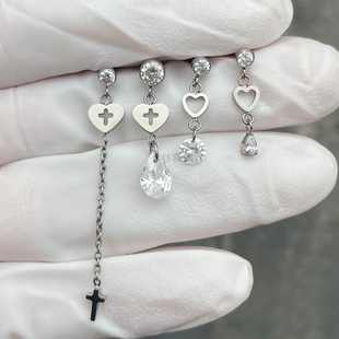 F136钛合金耳钉吊坠爱心十字架流苏链条耳钉耳桥水滴吊坠圆锆吊坠