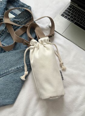 水杯套斜挎可背通用白色帆布包水桶包2023新款女抽绳束口袋手拎包