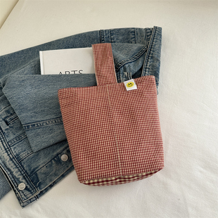 原创手拎小包女手腕袋布艺怀旧格子逛街手提手挽收纳新款玖月帆布