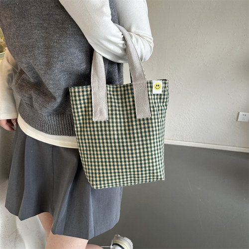 手工布包日韩新款格子手提袋原创小众设计竖款方形小伞手机收纳包