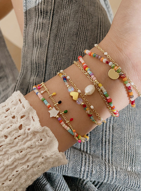 彩色串珠多巴胺手链女夏季轻奢小众精致双层叠戴流苏手串闺蜜手饰