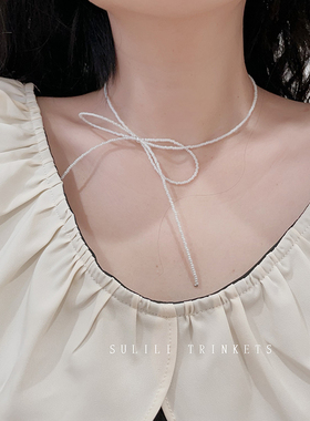 韩版气质秀气米珠仿珍珠蝴蝶结项链时尚简约超仙百搭颈链锁骨链女