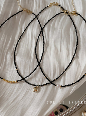 黑色水晶仿珍珠爱心锁骨链简约复古项链女轻奢小众串珠choker颈链