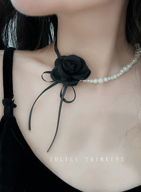 山茶花朵珍珠项链女choker锁骨链拼接轻奢小众系花颈链高级感配饰