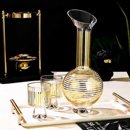 欧式酒具玻璃金线条纹斜口醒酒器高档展厅总裁样板间冷水壶水杯