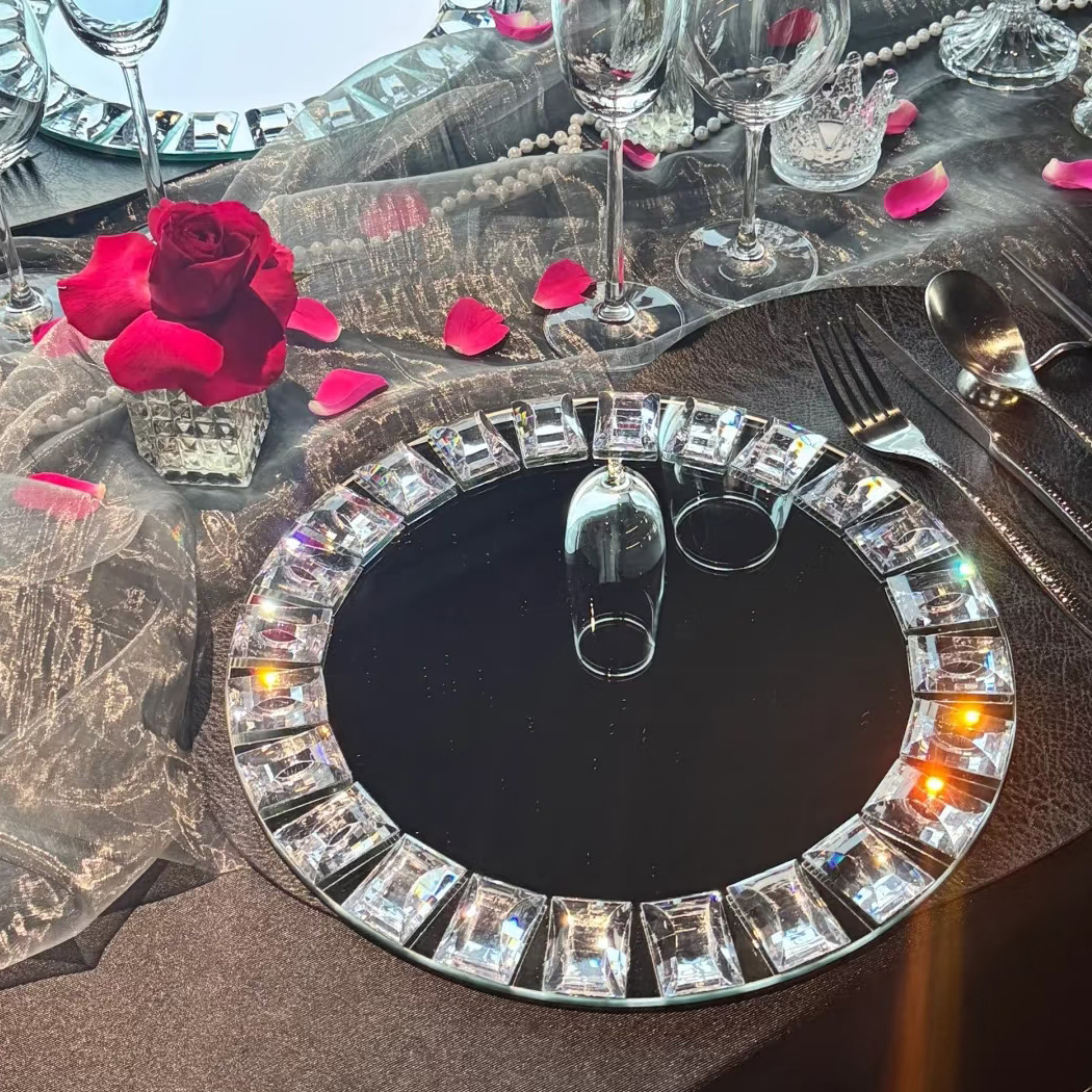 欧式镜面盘派对酒店婚礼装饰盘餐盘盘垫会所蛋糕甜品摆盘钻石餐盘