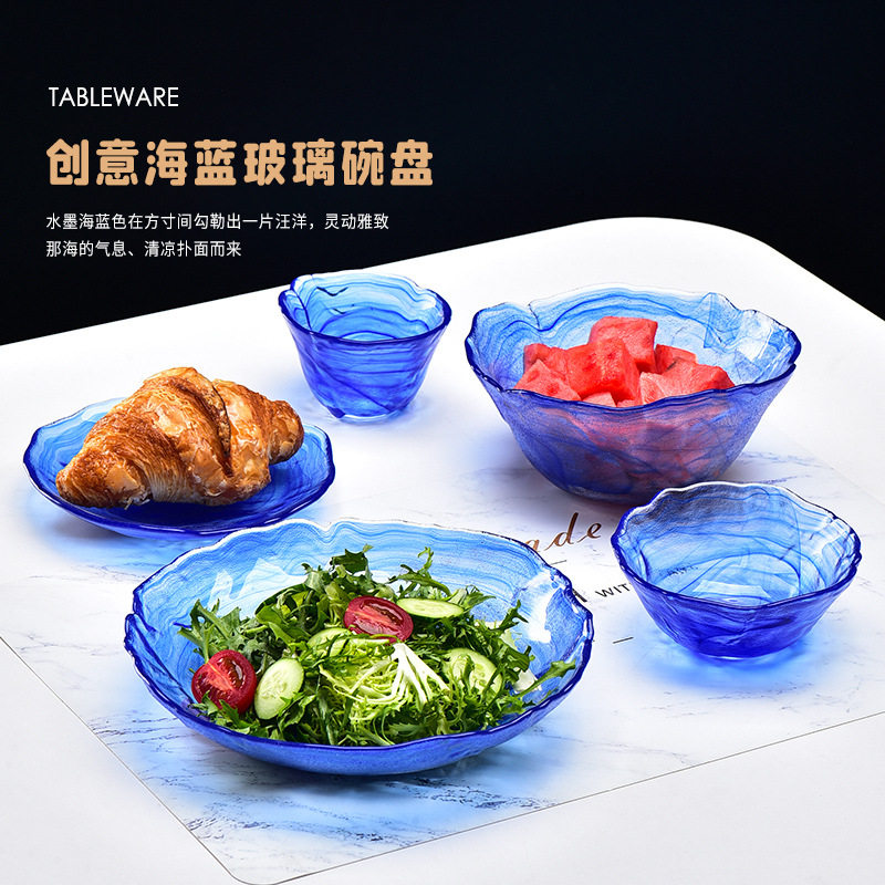 蓝色玻璃盘日料寿司盘粉色沙拉碗