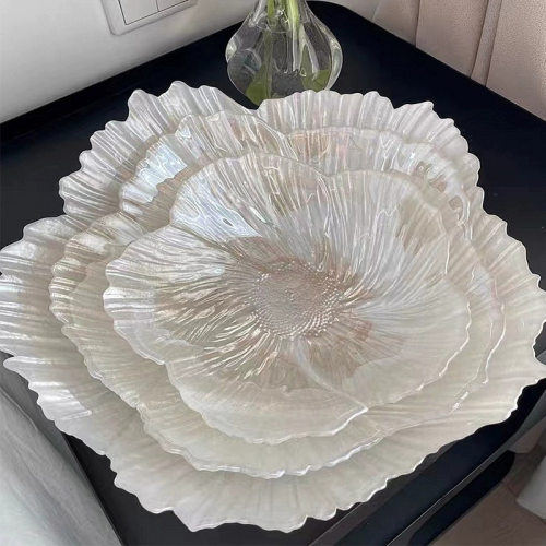 客厅摆件盘白色果盘玻璃花朵盘