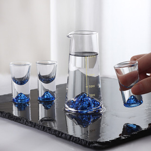 冰蓝水晶玻璃白酒杯套装 烈酒杯一口杯小刻度分酒器酒具酒具礼盒装