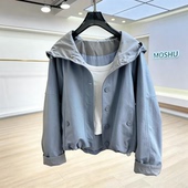 韩国蓝色连帽短外套女2026春秋新款 小个子休闲宽松超好看夹克风衣