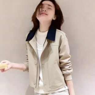 韩国天丝棉小个子风衣短外套女春秋新款 休闲夹克 复古撞色质感工装