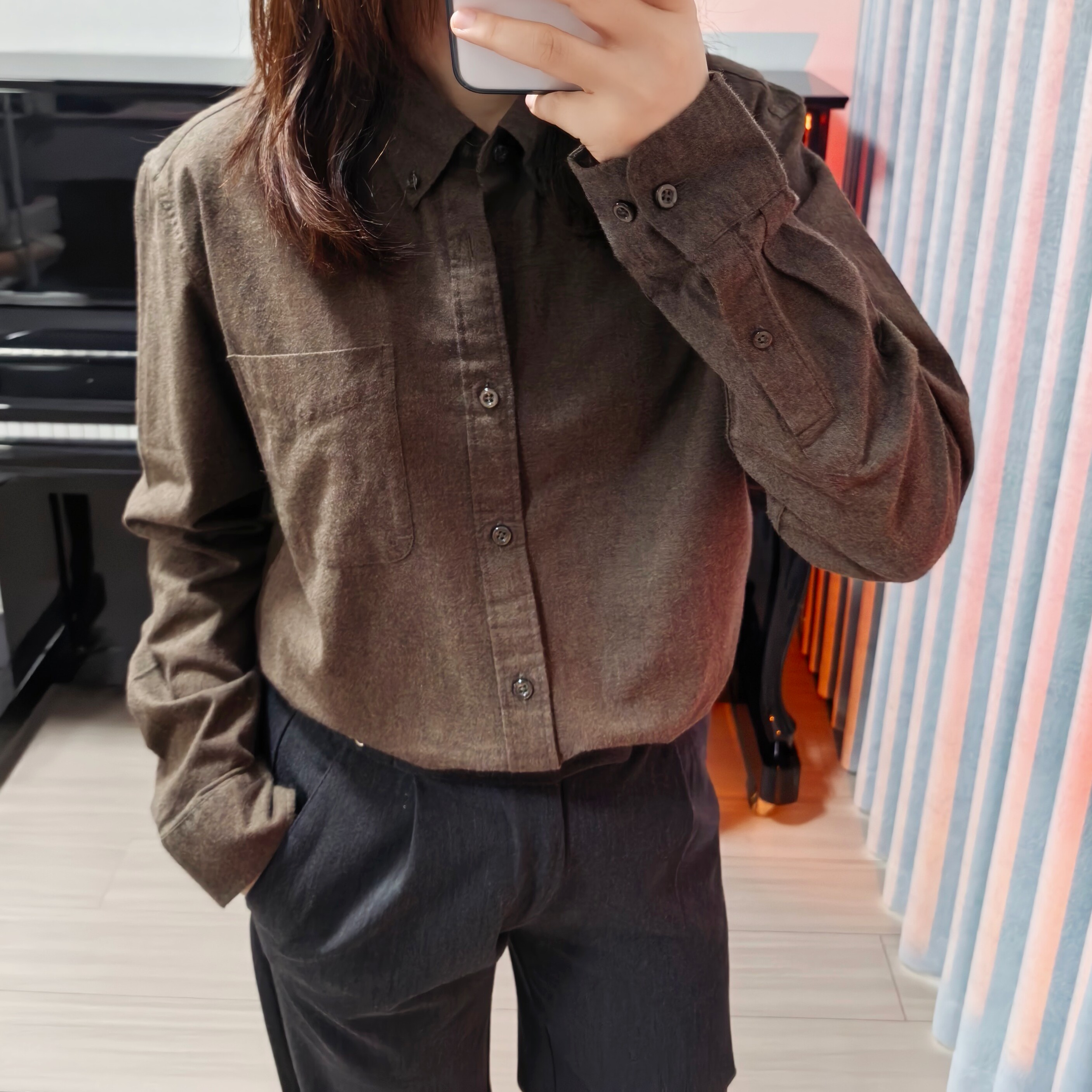 韩国职场气质简约时尚口袋咖色衬衫女士春秋新款休闲通勤棉质衬衣