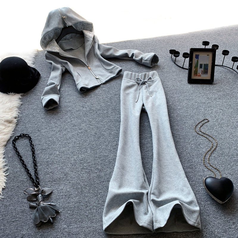 韩国休闲运动时尚套装女秋季搭配一整套翻领连帽卫衣微喇裤两件套,女装/女士精品,休闲运动套装,淘宝优惠券,粉丝福利购,淘宝优惠卷