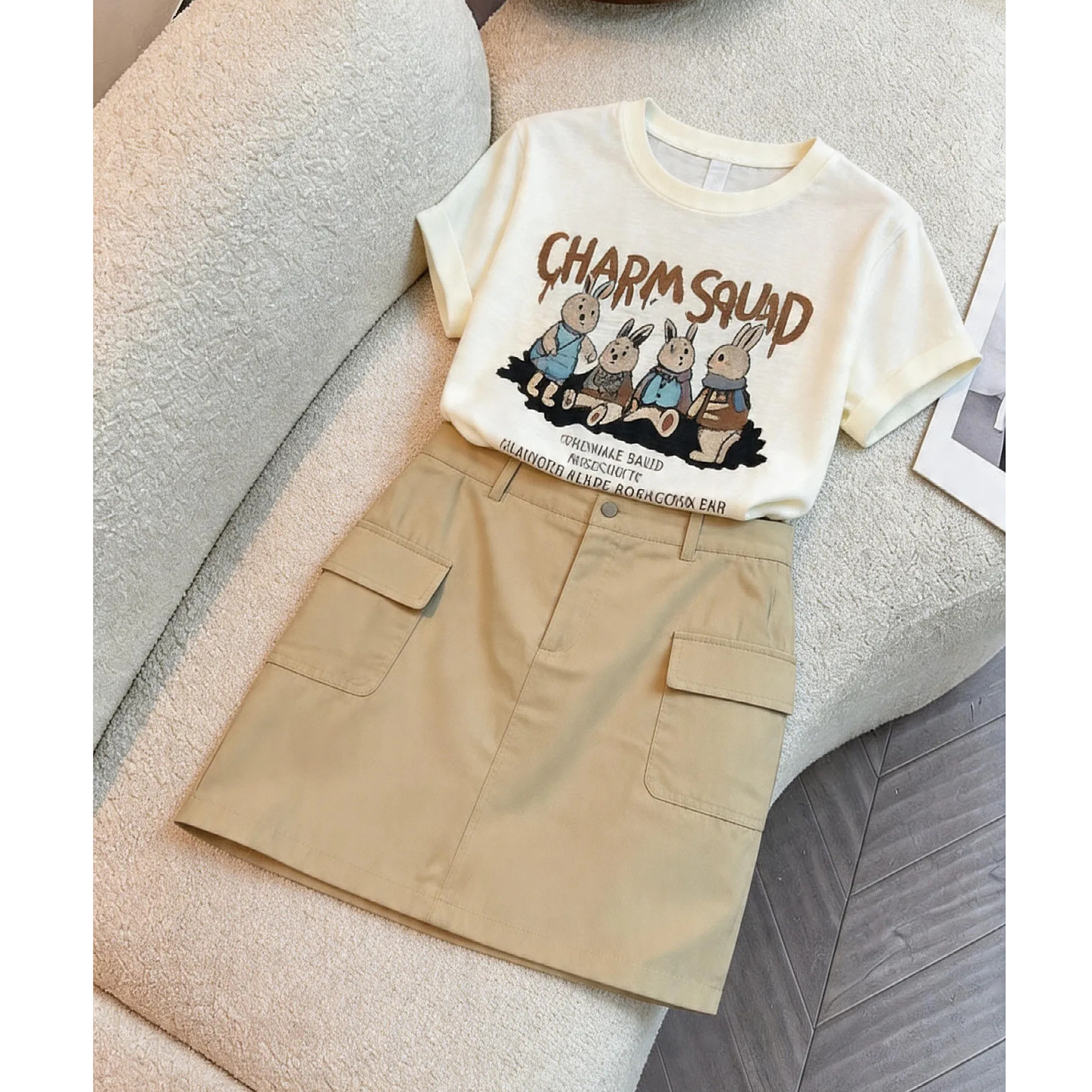 大码女装圆领卡通印花短袖T恤+休闲工装半身裙a字短裙时尚两件套