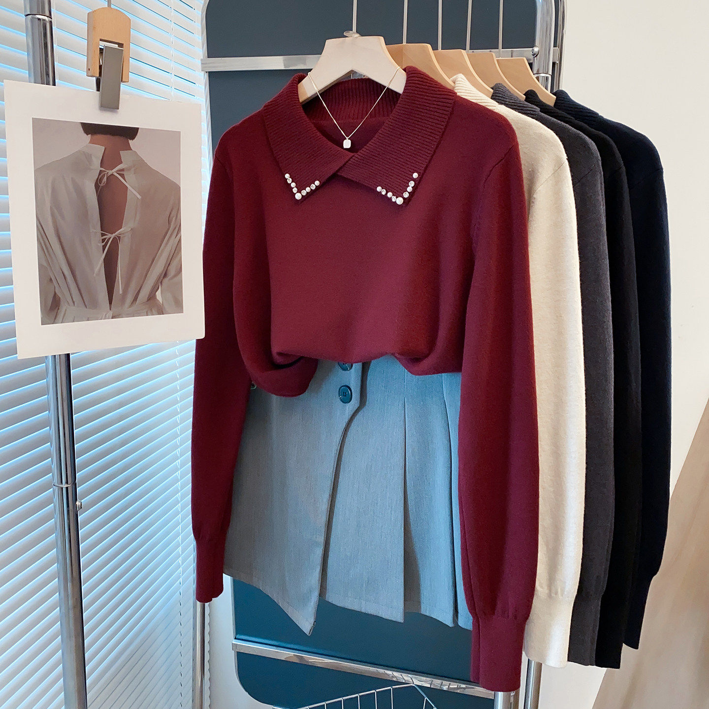 超好看酒红色钉珠方领毛衣女秋冬新款宽松针织衫内搭洋气打底衫潮