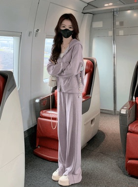 韩国紫色设计师双拉链连帽卫衣+休闲阔腿裤时尚运动套装秋季新款