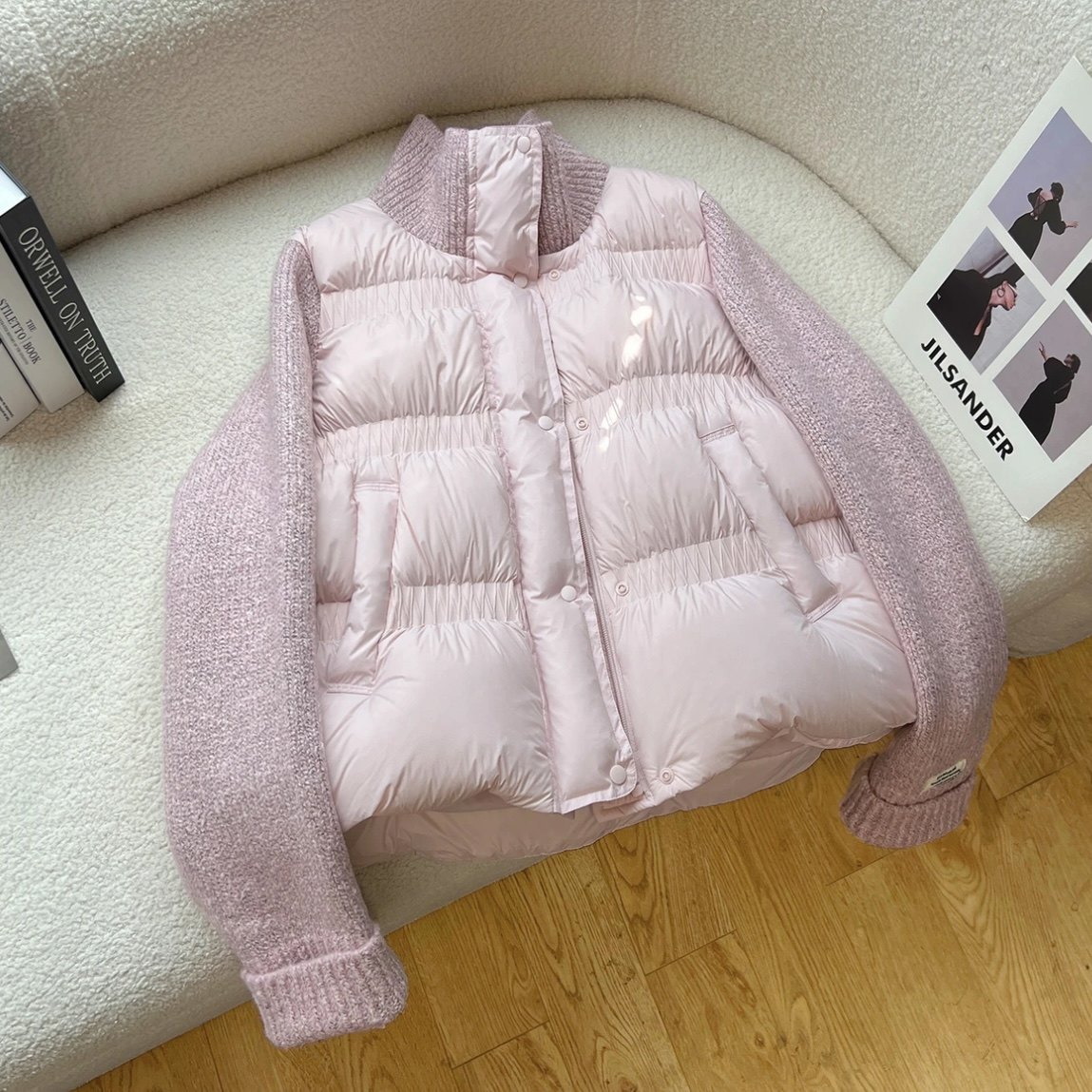 韩国高端立领针织拼接90白鸭绒粉色羽绒服女冬新款小香风保暖外套