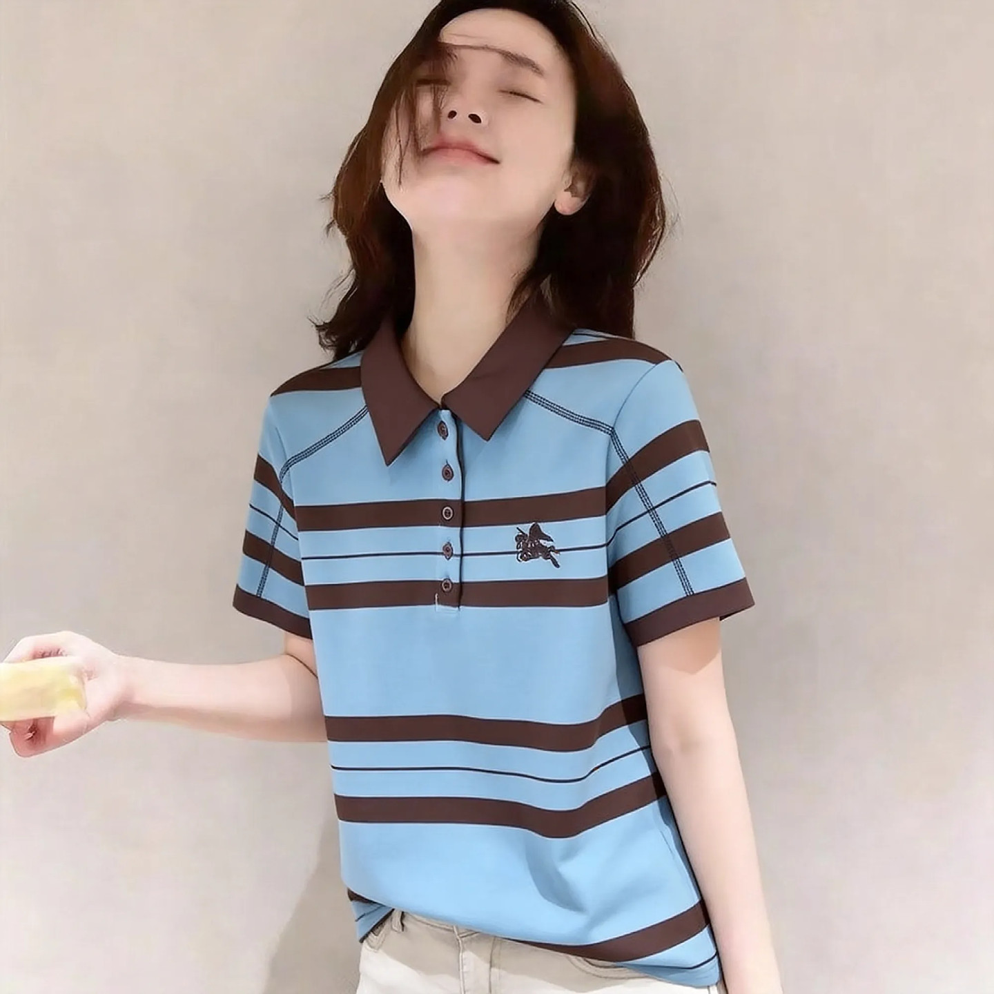 韩国潮牌条纹设计感polo衫短袖T恤女夏季新款百搭时尚运动风上衣