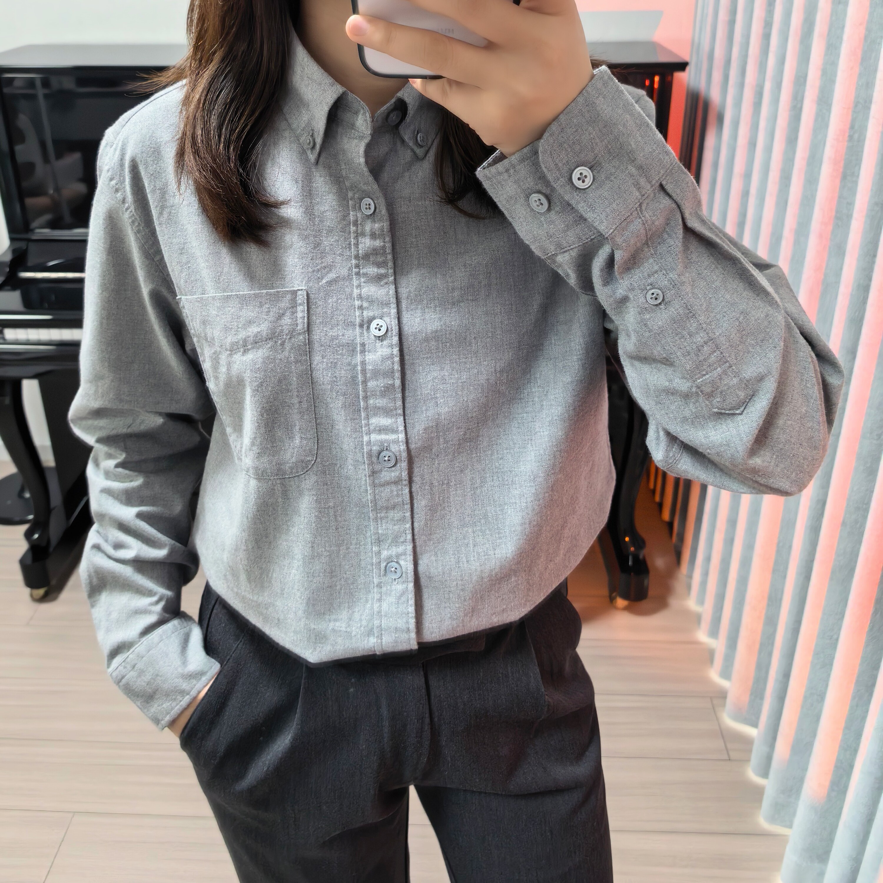 韩国职场气质简约时尚口袋灰色衬衫女士春秋新款休闲通勤棉质衬衣