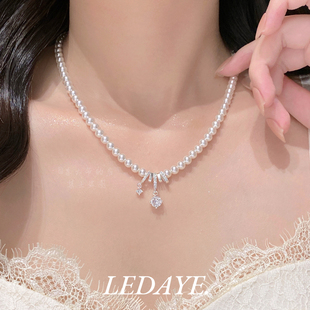 李大爷的店 串珠不对称锆石吊坠气质珍珠项链百搭高级感简约项链