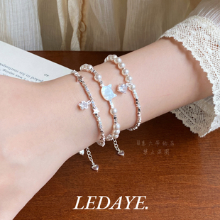 李大爷的店 锆石间隔珍珠碎银猫猫头手链韩系叠戴高级感手串女