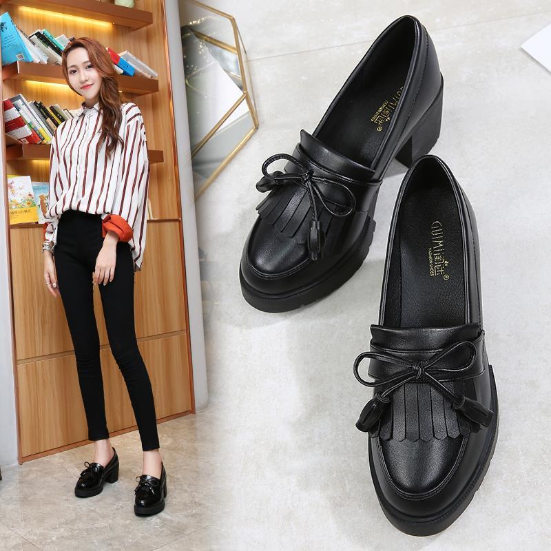 潮牌2025新款真皮流苏女鞋英伦风小皮鞋女粗跟韩版百搭高跟鞋单鞋