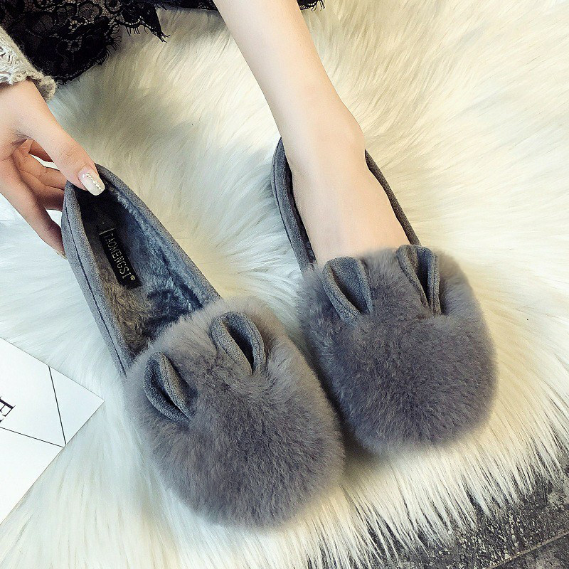 潮牌兔耳朵毛毛鞋女冬季外穿厚底豆豆鞋一脚蹬加绒单鞋大尺码女鞋,女鞋,深口单鞋,淘宝优惠券,粉丝福利购,淘宝优惠卷