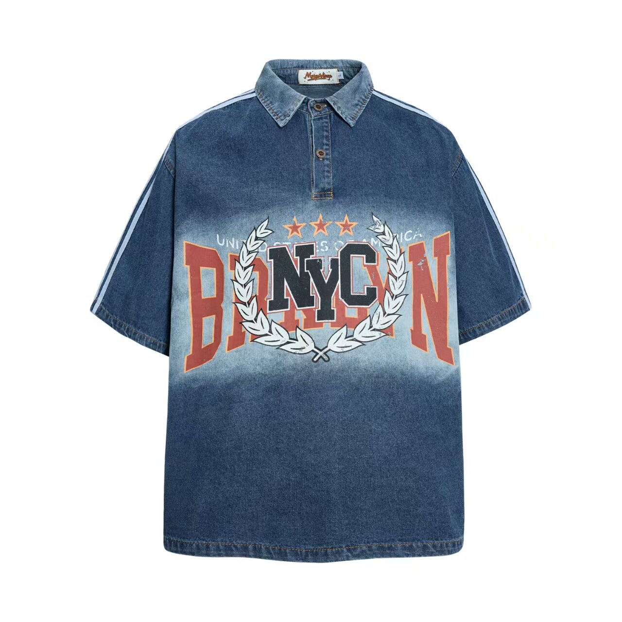 chaonimei水洗磨白麦穗字母印花牛仔短袖T恤男女夏季宽松休闲上衣