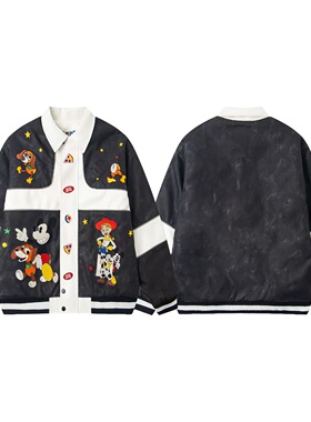 chaonime美式复古小狗刺绣拼接皮衣外套宽松保暖棉服秋冬夹棉夹克