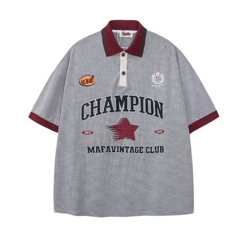 chaonimei撞色字母刺绣翻领短袖T恤男夏季潮流宽松休闲情侣上衣