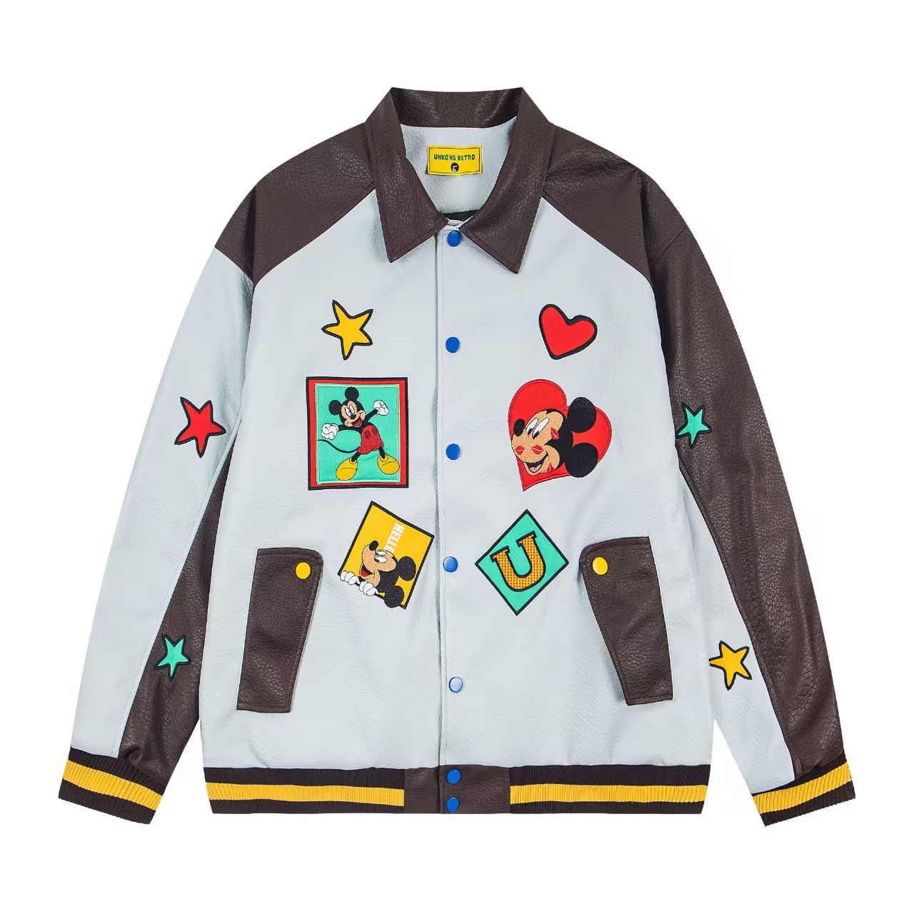 chaonime原创美式复古米老鼠刺绣PU皮夹克棉服女冬季童趣休闲外套