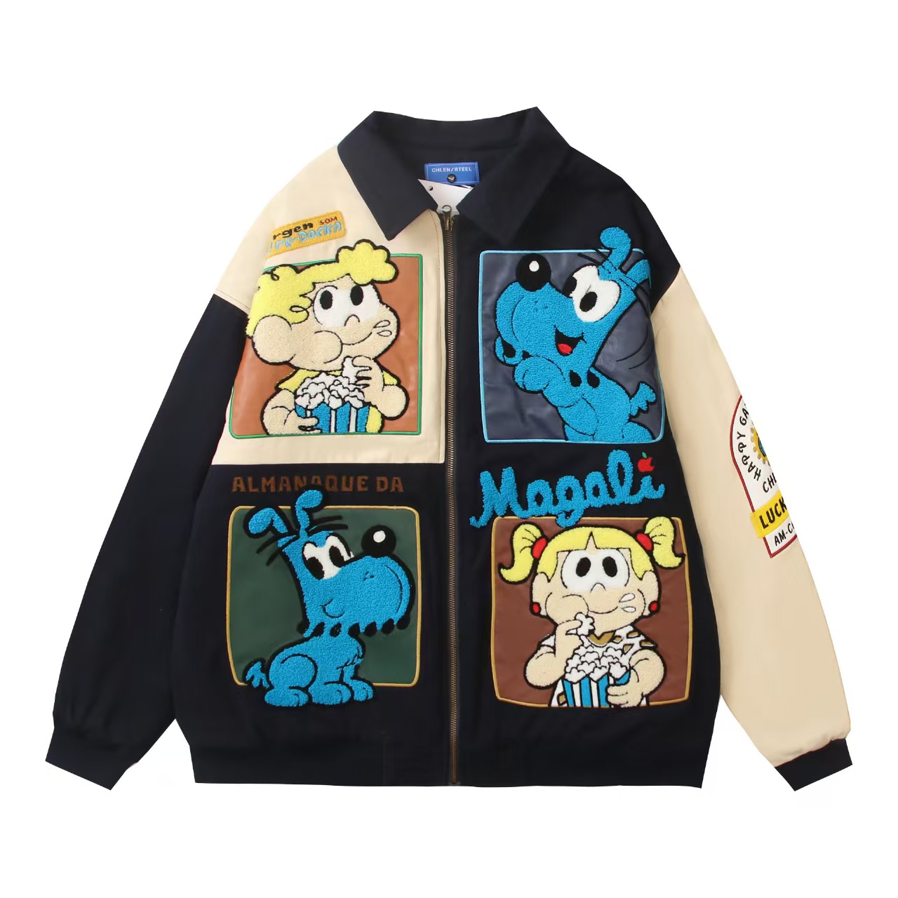 chaonime原创冬季美式复古卡通刺绣撞色夹克棉服外套女宽松厚棉衣