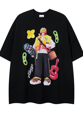 chaonimei美式高街像素风短袖T恤男夏季潮牌oversize情侣百搭体恤