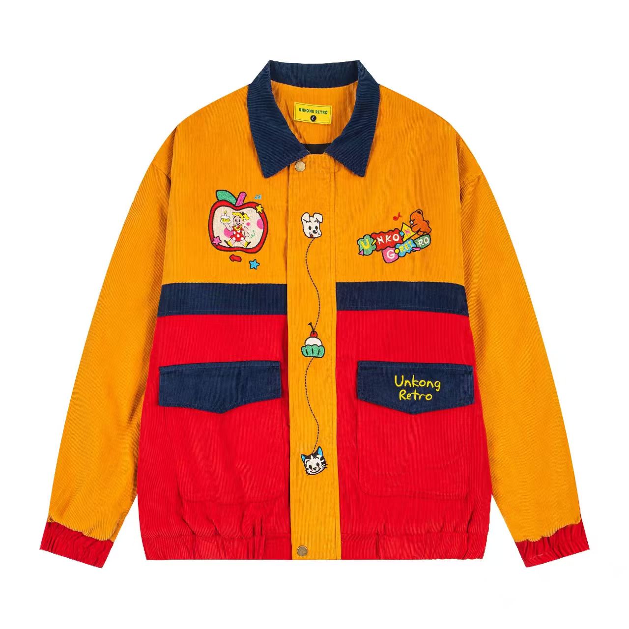 chaonime冬季美式复古趣味卡通刺绣撞色夹克棉服男女宽松保暖外套