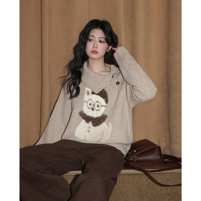 不规则翻领毛衣女秋冬202