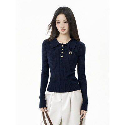 iiiamX藏蓝色正肩polo领针织衫上衣女秋冬季内搭修身翻领打底毛衣