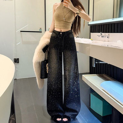 黑灰色满天星烫钻牛仔裤