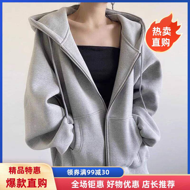 上衣秋冬加绒2026纯色新款连帽开衫宽松卫衣复古风外套美式慵懒女