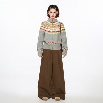 灰色费尔岛高领拉链毛衣