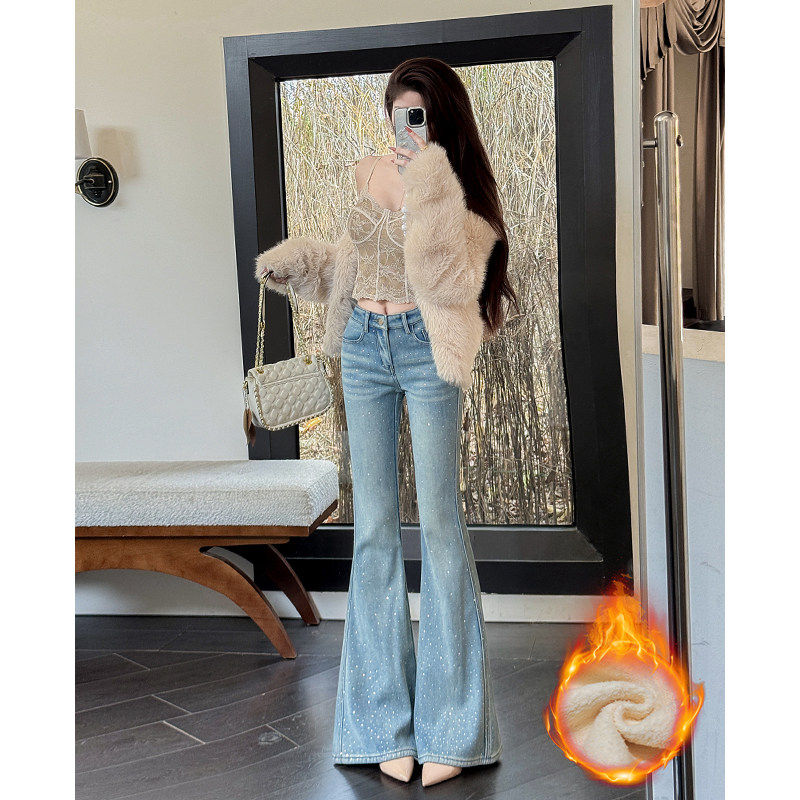 满天星烫钻加绒微喇叭牛仔裤女2026冬季新款高腰小个子修身马蹄裤
