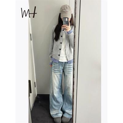 美式水洗蓝折痕阔腿牛仔