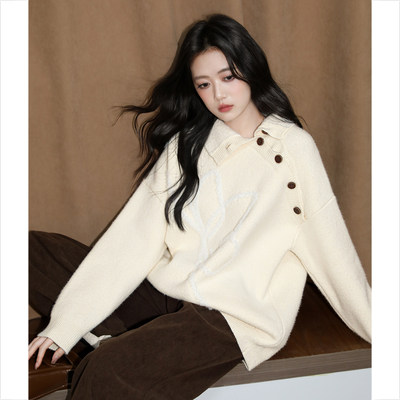 杏色不规则翻领毛衣女秋