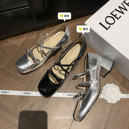 法式复古甜酷玛丽珍鞋女2024春季新款交叉一字带真皮方头浅口单鞋