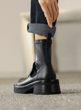 Dale黛迩~店主自留 ！英伦风松糕厚底马丁靴女粗跟短筒瘦瘦靴大码