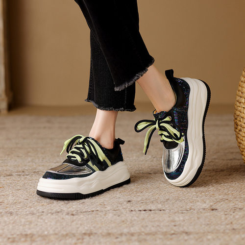 春秋新款韩版时尚拼色亮片厚底女单鞋系带松糕跟显瘦休闲平底板鞋