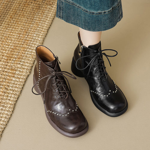 巨好穿不累脚短靴女春秋单靴2024新款圆头中跟高跟靴粗跟真皮铆钉