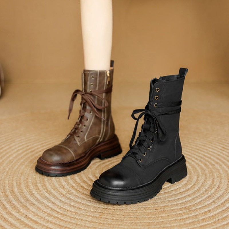 2025极简复古~4.5厘米厚底防水台马丁靴女秋冬真皮交叉绑带短靴,户外/登山/野营/旅行用品,登山鞋/徒步鞋,淘宝优惠券,粉丝福利购,淘宝优惠卷