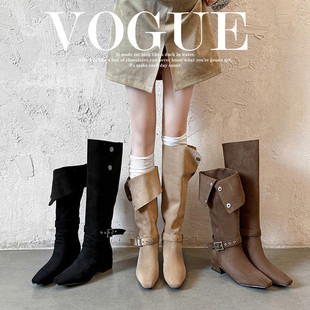 靴子美拉德方头皮带扣高筒翻领两穿西部靴显瘦粗跟卡其色长筒靴女
