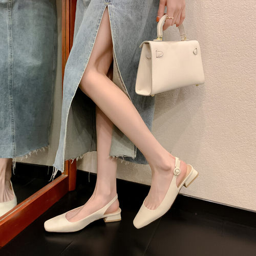 2024新款夏季包头后空方头凉鞋复古银色优雅玛丽珍女鞋休闲单鞋